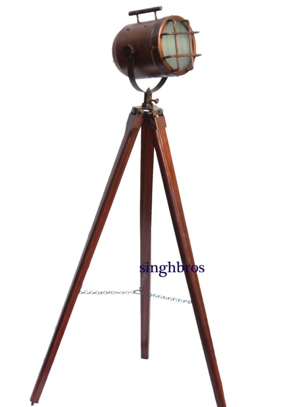 Nautical Floor Lamp Searchlight Unique Spotlight With Wooden Tripod Home Decor - Image 2