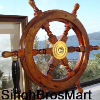 18" Durable Wooden Brass Ship Wheel For Nautical Pirate Themed Home Decor Brown