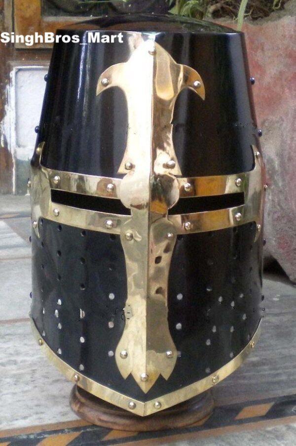 Armor Medieval Knight Crusader Templar Helmet Black Mason Brass Cross with Liner