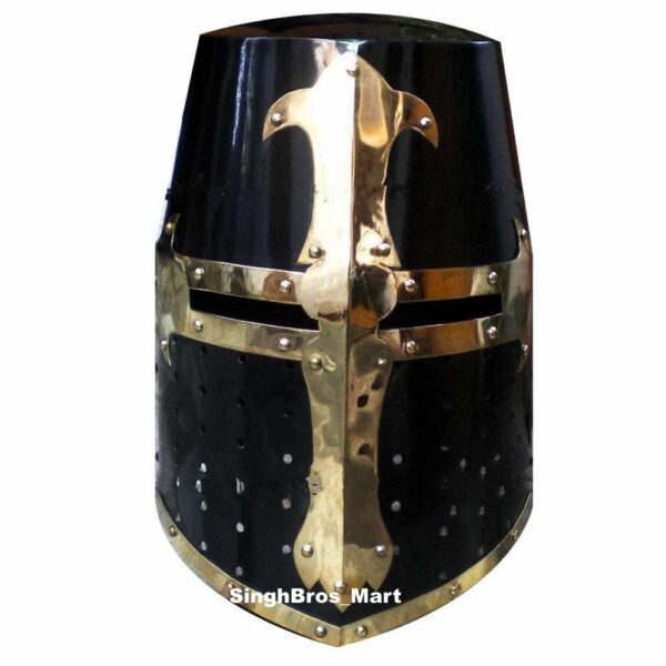 Armor Medieval Knight Crusader Templar Helmet Black Mason Brass Cross with Liner - Image 2